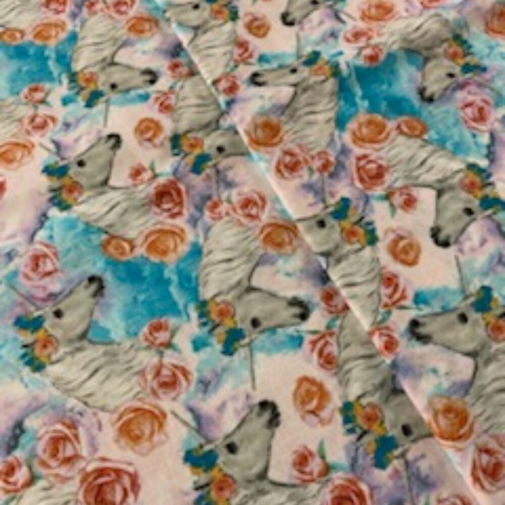 NEW Fabric BTY White Unicorn Roses COTTON Pink Aqua Jo-Ann Retired Fairy Horse